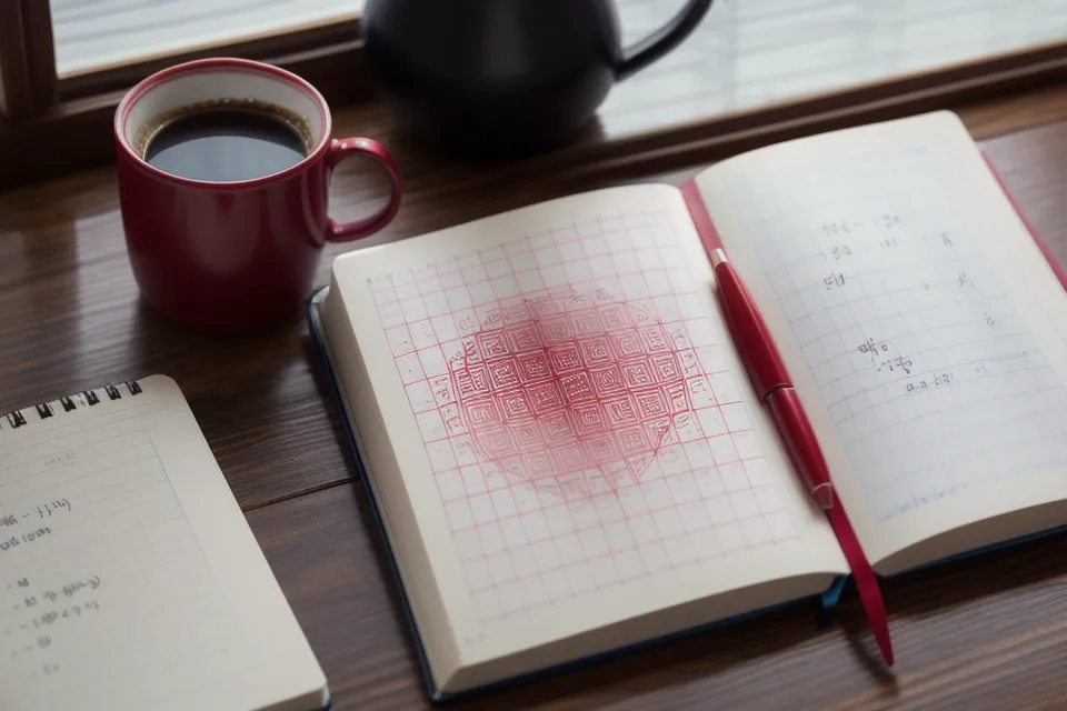 A laptop displaying AI lottery pattern-analysis software beside a stack of school marking, reflecting a maths teacher's EuroMillions strategy notebook