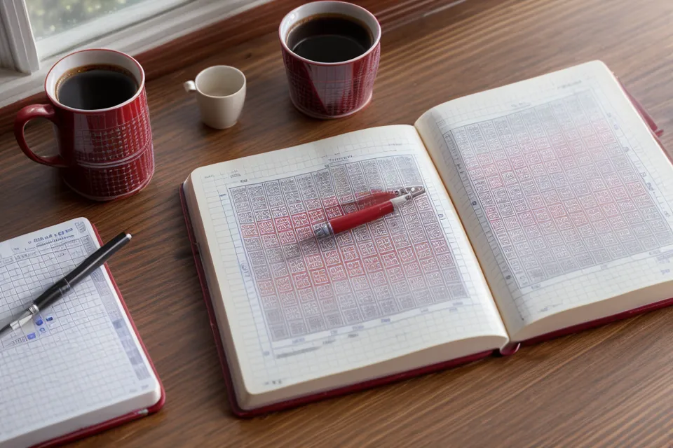 A handwritten notebook tracking lottery numbers with a red pen in a desk drawer.