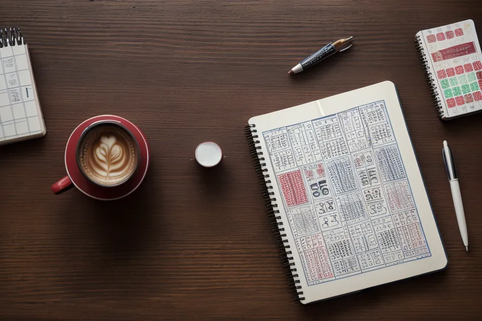 An AI lottery tool's predicted numbers on screen beside a handwritten probability math notebook