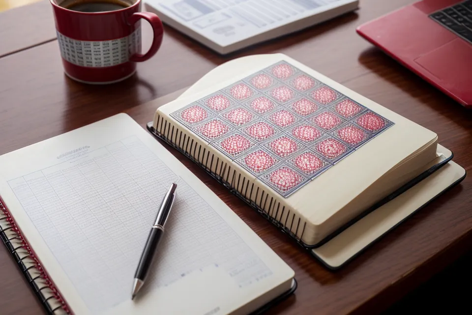Close-up of a hand pointing at EuroMillions jackpot probability written in a notebook.
