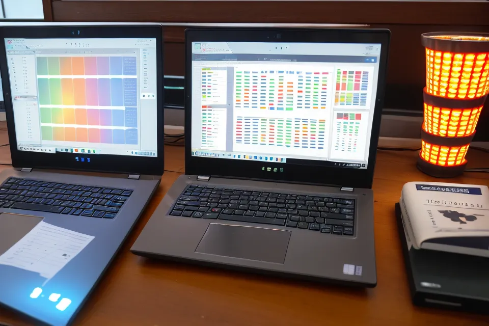 Laptop running probability tools and pattern software next to a teacher's marking pile.