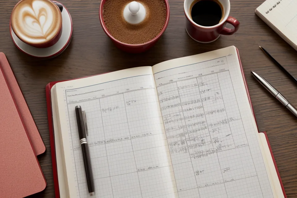 Laptop running AI lottery pattern detection software beside a stack of marking