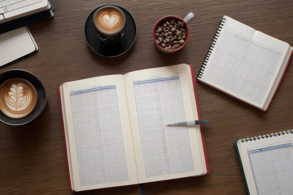 Laptop running AI data analysis on EuroMillions numbers beside a handwritten frequency notebook