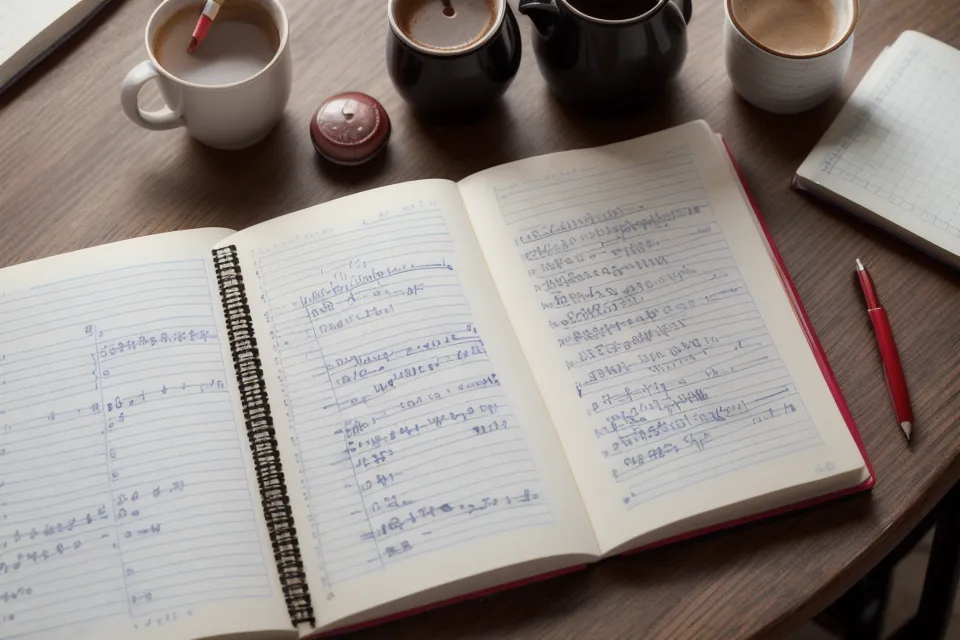 Laptop running AI lottery pattern detection software beside a handwritten EuroMillions frequency notebook