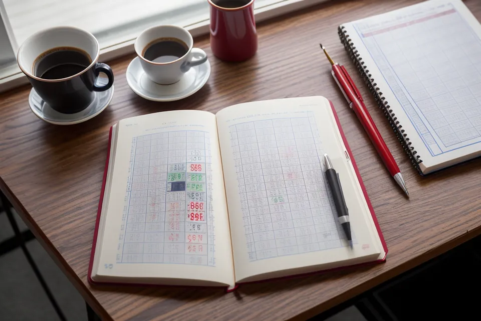 Handwritten EuroMillions frequency notebook beside a laptop, part of a maths teacher's lottery-probability number-analysis review