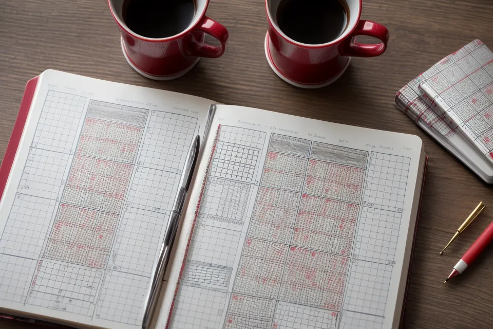 Hands holding a EuroMillions ticket over a notebook filled with lottery-probability workings and number-analysis notes