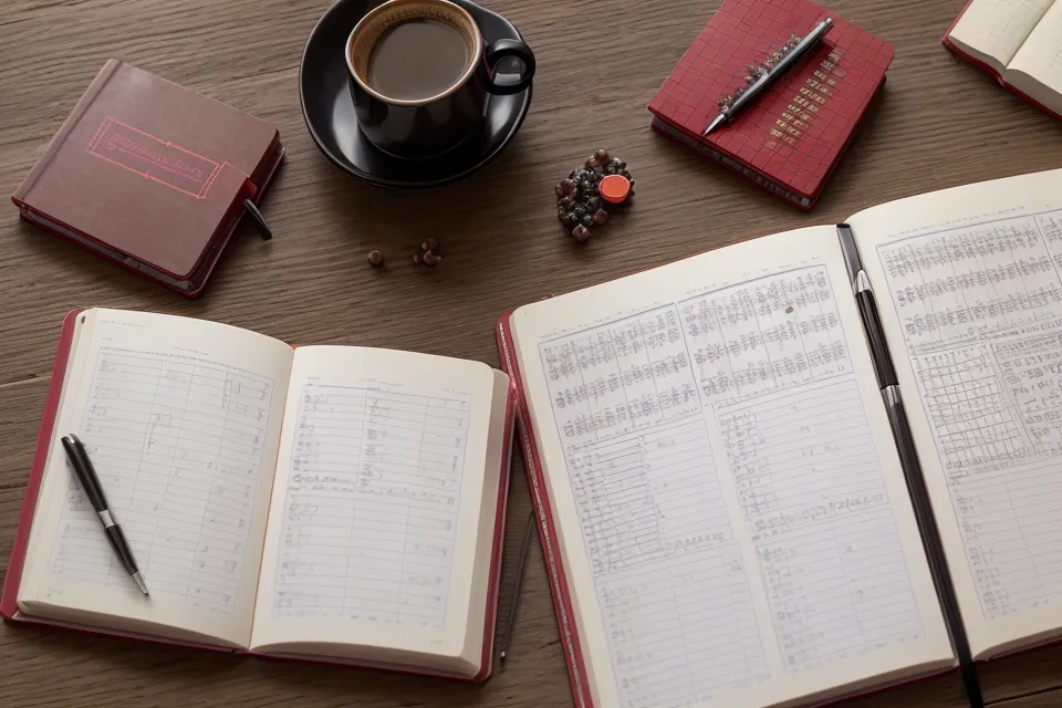 Close-up of a hand marking EuroMillions numbers by hand in a lottery tracking notebook